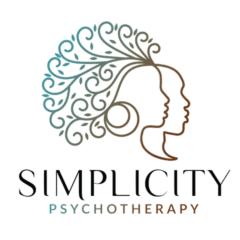 Logo of Simplicity Psychotherapy, a mental health practice in Atlanta, Georgia. Blue and Brown outline of the face of a woman with curly afro hair next to an outline of a male .