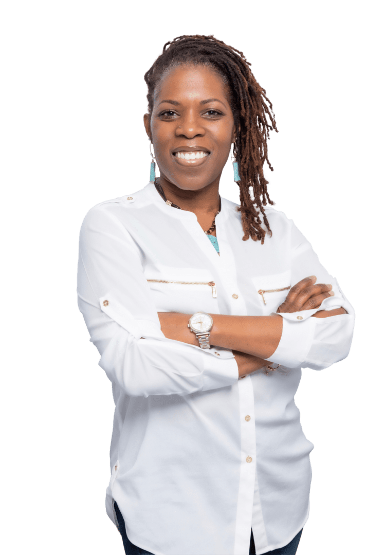Virtual Therapy | Anxiety Specialist |Empowering Minds in Atlanta - 30080, 30339, 30067 African American female therapist in Atlanta, Georgia, radiating warmth in a white top and dreds.
