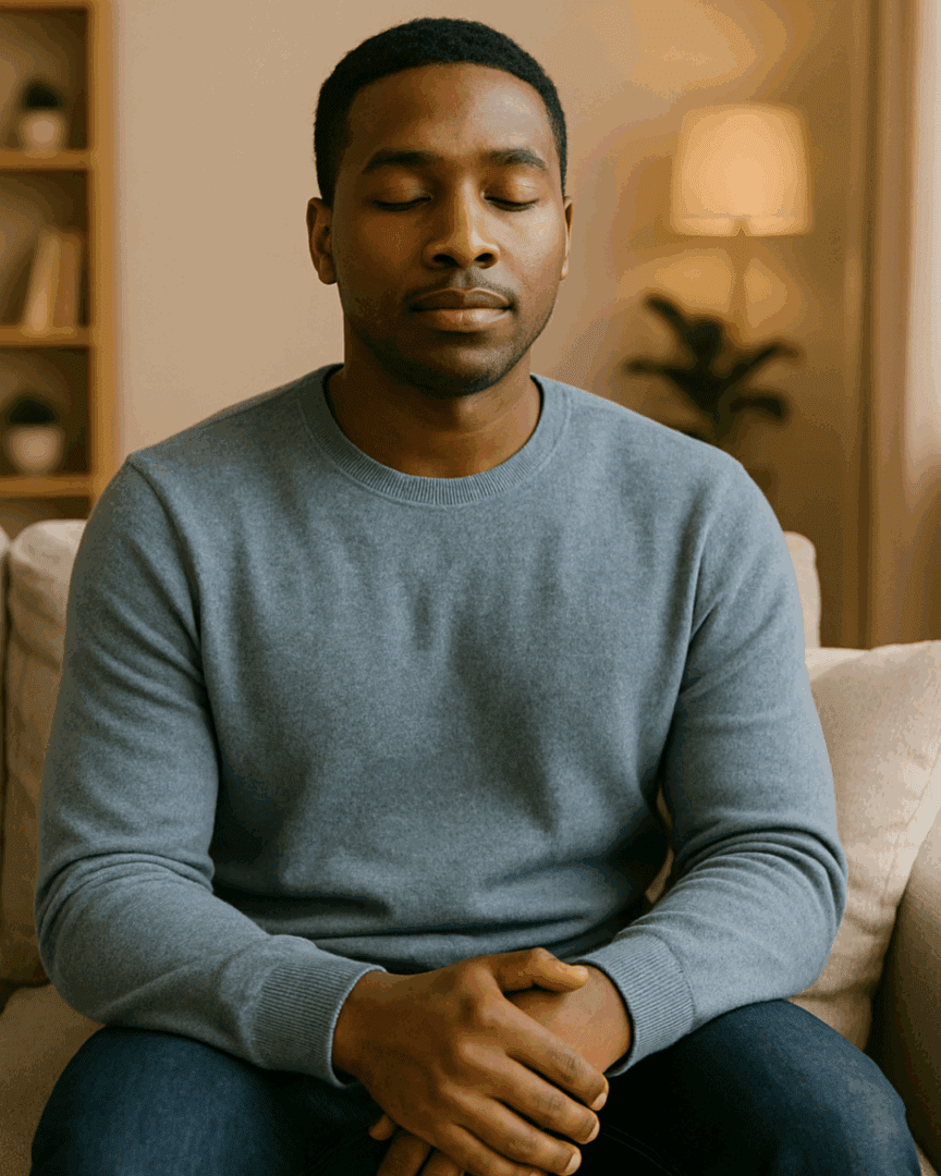 A Black man in a gray sweater sits with his eyes closed, hands folded peacefully, showing the calm that comes after therapy helps overcome guilt for rest.