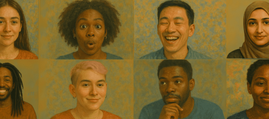 A collage of diverse men and women showing different facial expressions, symbolizing the range of emotions explored through therapy services in Georgia.