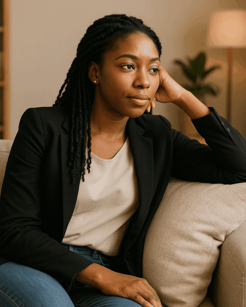 A Black woman in a blazer sits thoughtfully on a couch, appearing contemplative, reflecting the guilt for rest many Atlanta professionals experience before seeking therapy.