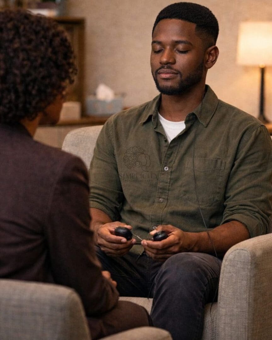 Black man in green shirt seated in a therapy chair with eyes closed, holding EMDR hand buzzers while a therapist sits across from him in an Atlanta counseling office.