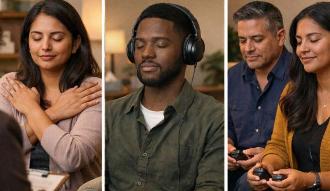 Adults practicing grounding EMDR techniques, representing emotional regulation, anxiety therapy, and trauma-informed therapy in Atlanta.